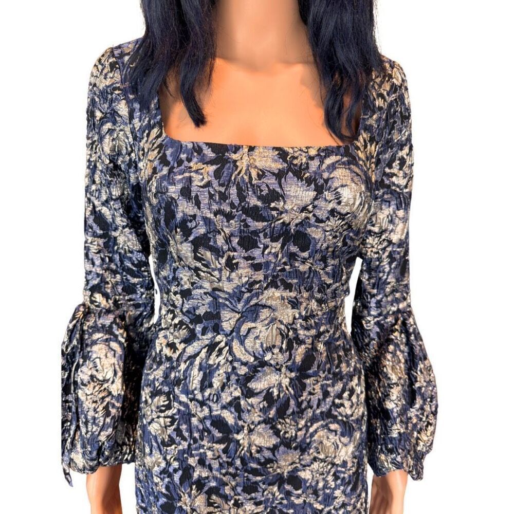 NWT Theia Brocade Dress 4 Navy Square Puff Sleeve Midi Wedding Guest Cocktail - Picture 5 of 9